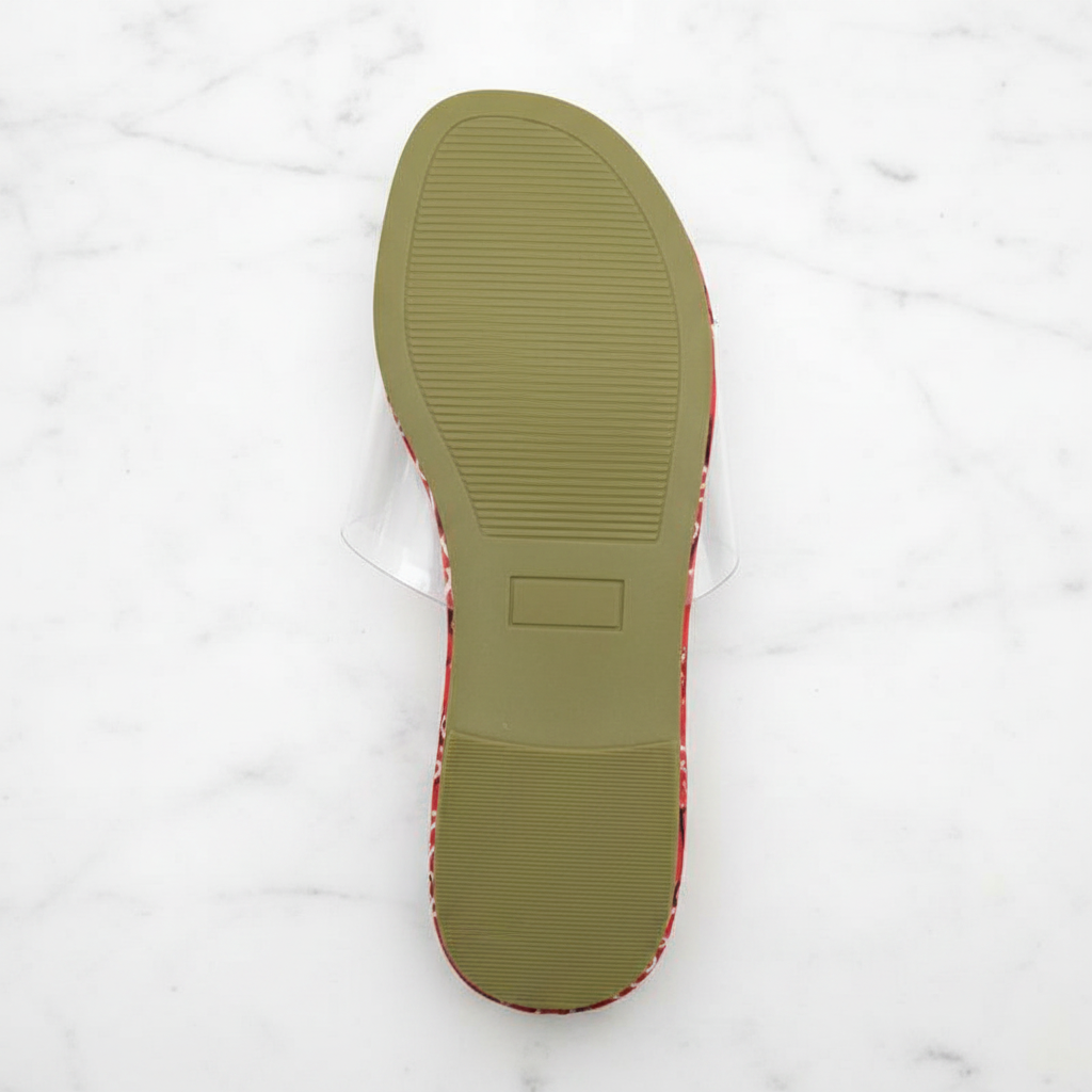 Sierra Red Bandana Paisley Print Clear Strap Flat Slide Sandals – sole bottom view