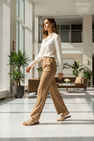 Tavo Nude Pearl Flower Raffia Flat Slide Sandals – model walking in marble hotel lobby in camel wide-leg trousers