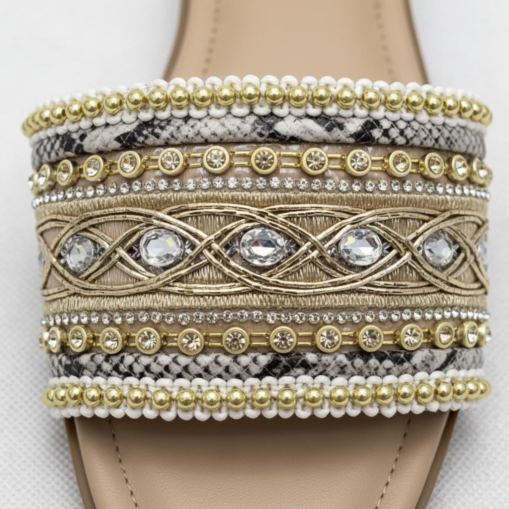 Zuri Nude Gold Embroidered Crystal Flat Slide Sandals – macro close-up of gold metallic embroidery, crystal mirror jewels and gold bead rows