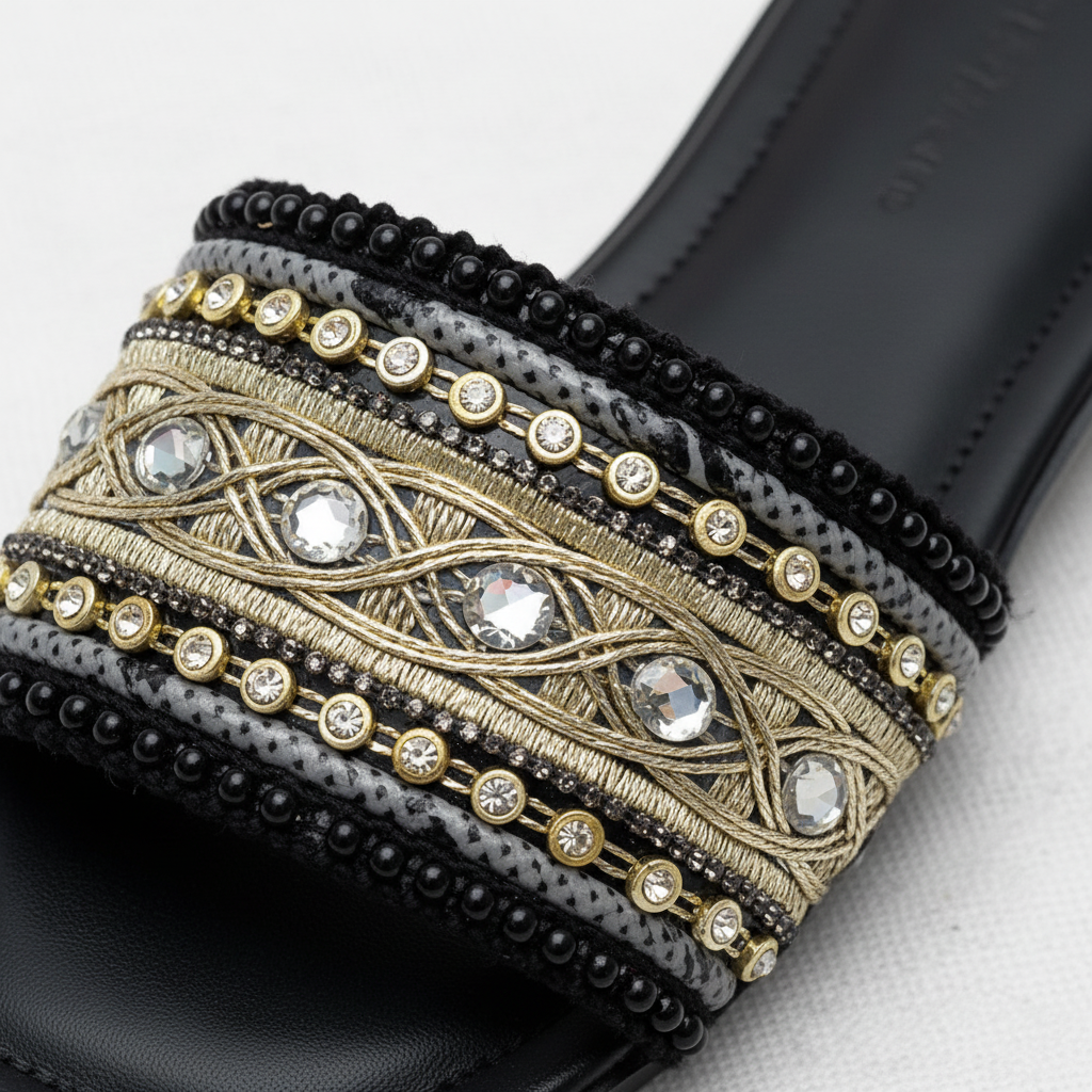 Black Gold Embroidered Crystal Flat Slide Sandals – macro close-up of gold metallic embroidery, crystal mirror jewels and black beaded trim
