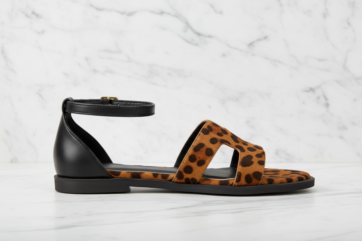 Edmond Leopard Print H-Strap Flat Sandals – side profile view on white marble