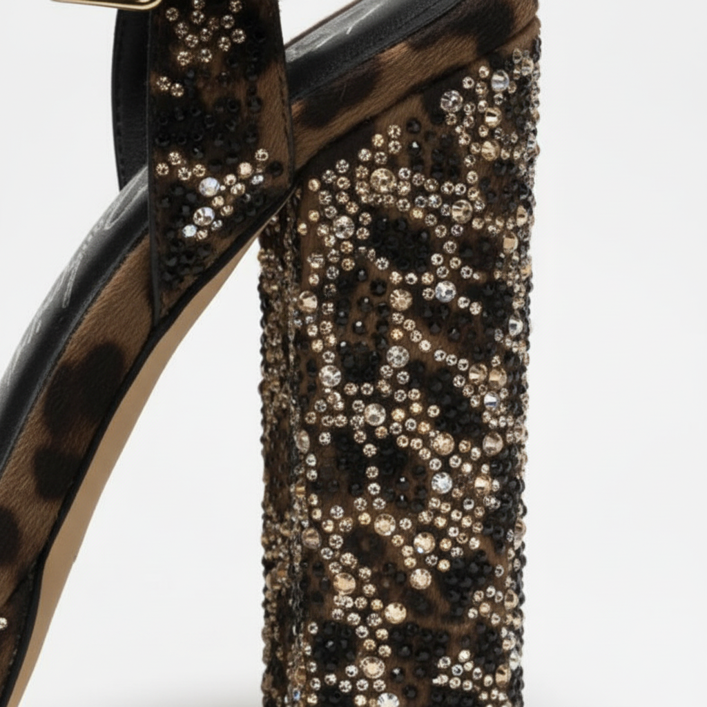 Women's Ross Leopard Print Rhinestone Platform Block Heel Sandals - Rhinestone Detail Close-Up