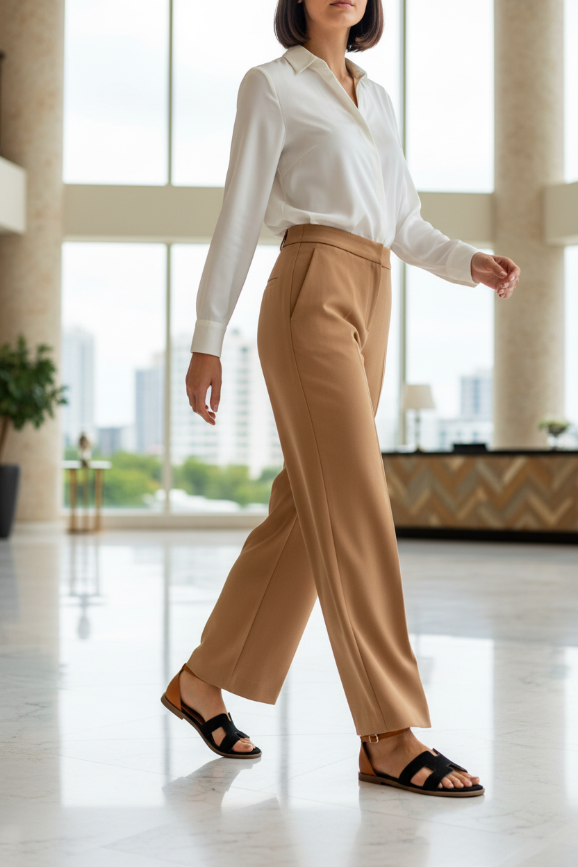 Edmond Black Suede H-Strap Flat Sandals – model walking in marble hotel lobby in camel wide-leg trousers and white silk blouse