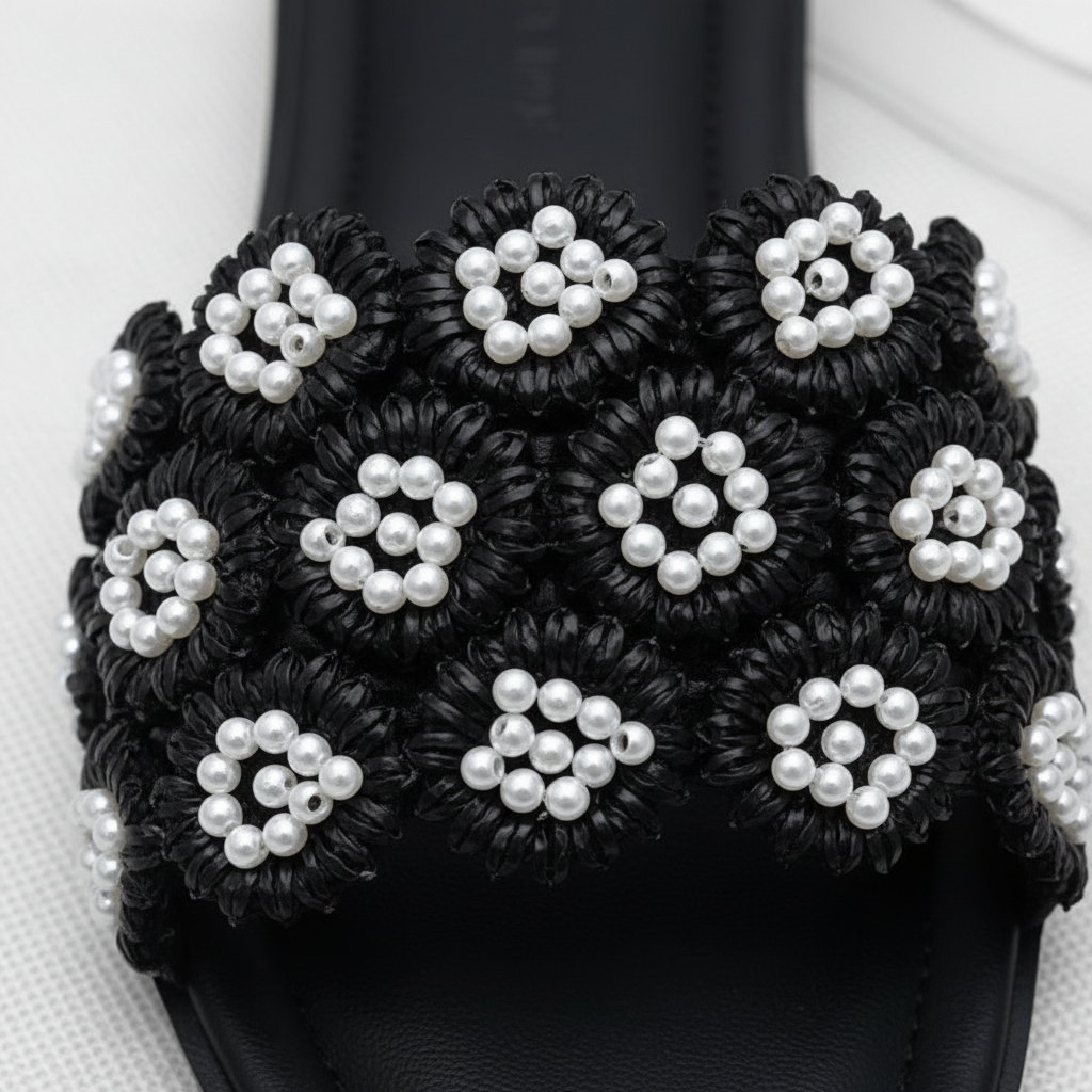 Tavo Black Pearl Flower Flat Slide Sandals – macro close-up of 3D white pearl flower rosettes on black woven upper