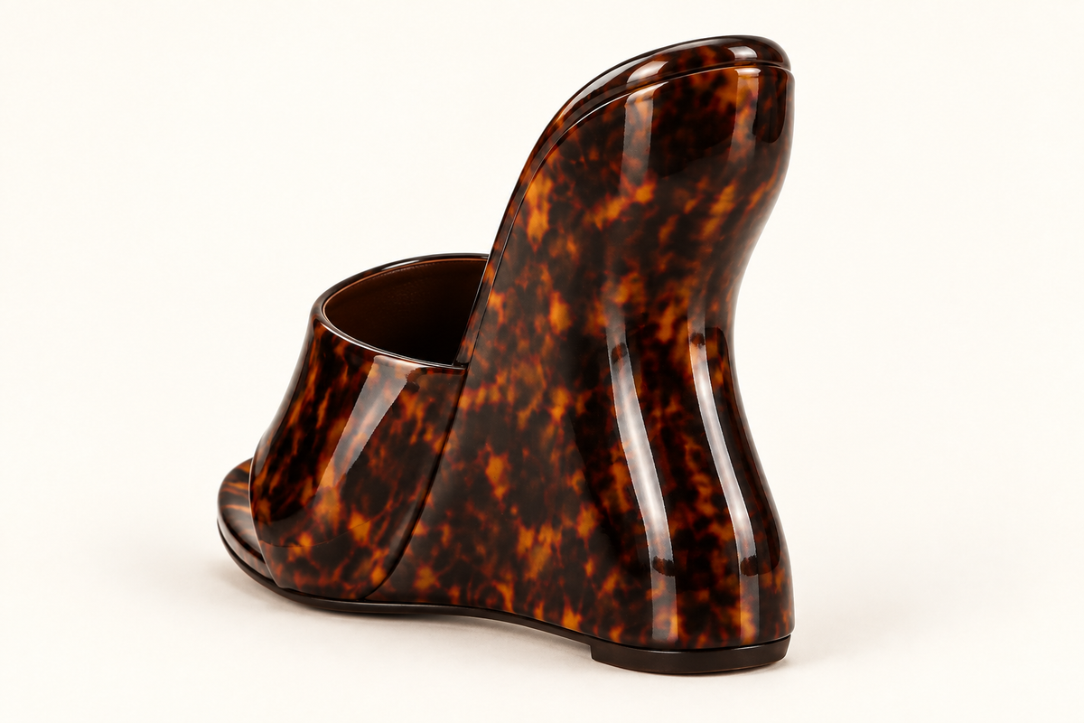 Profile close-up of the Disappear tortoise wide-band mule wedge sandal showing the raised curved back
