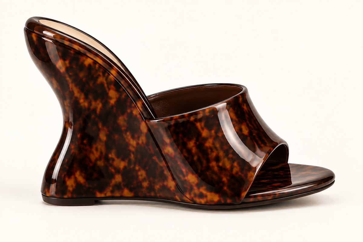 Opposite-side close-up of the Disappear tortoise wide-band mule wedge sandal