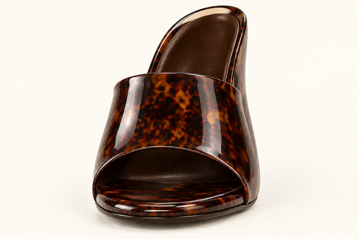 Front close-up of the Disappear tortoise wide-band mule wedge sandal showing the open toe and wide band