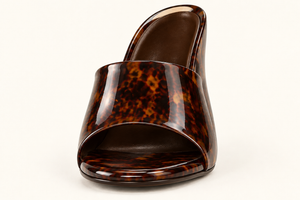 Front close-up of the Disappear tortoise wide-band mule wedge sandal showing the open toe and wide band