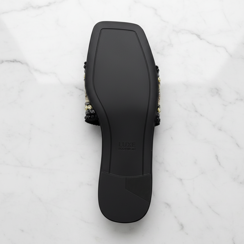 Black Gold Embroidered Crystal Flat Slide Sandals – sole bottom view