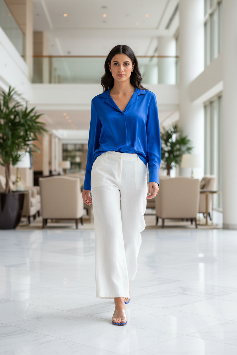 Sierra Blue Bandana Paisley Print Clear Strap Flat Slide Sandals – model walking in marble hotel lobby in white wide-leg trousers and cobalt blue silk blouse