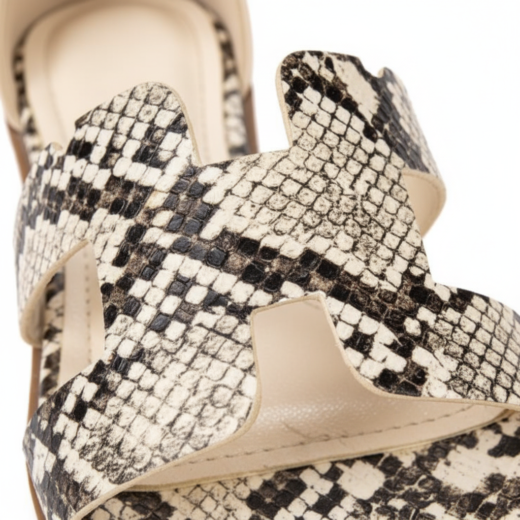 Edmond Snake Print H-Strap Flat Sandals – macro close-up of cream and charcoal snake scale print texture