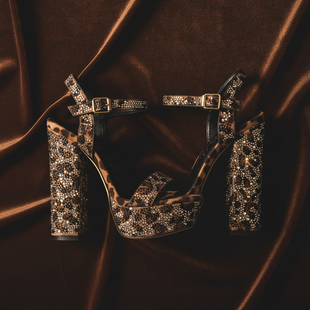 Women's Ross Leopard Print Rhinestone Platform Block Heel Sandals - Flat Lay