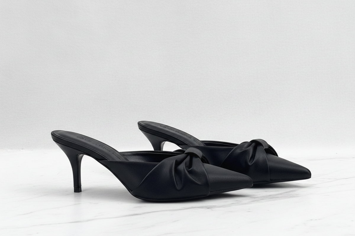 Black Satin Bow Slip-On Mule Heels | Pointed Toe Stiletto