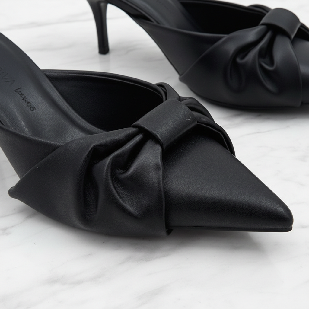 Jodina Black Satin Bow Slip-On Mule Heels | Pointed Toe Stiletto