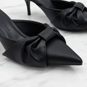 Jodina Black Satin Bow Slip-On Mule Heels | Pointed Toe Stiletto