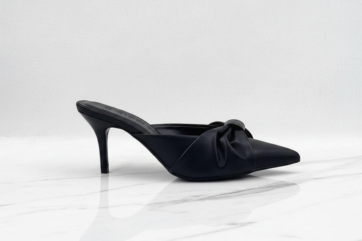 Black Satin Bow Slip-On Mule Heels | Pointed Toe Stiletto