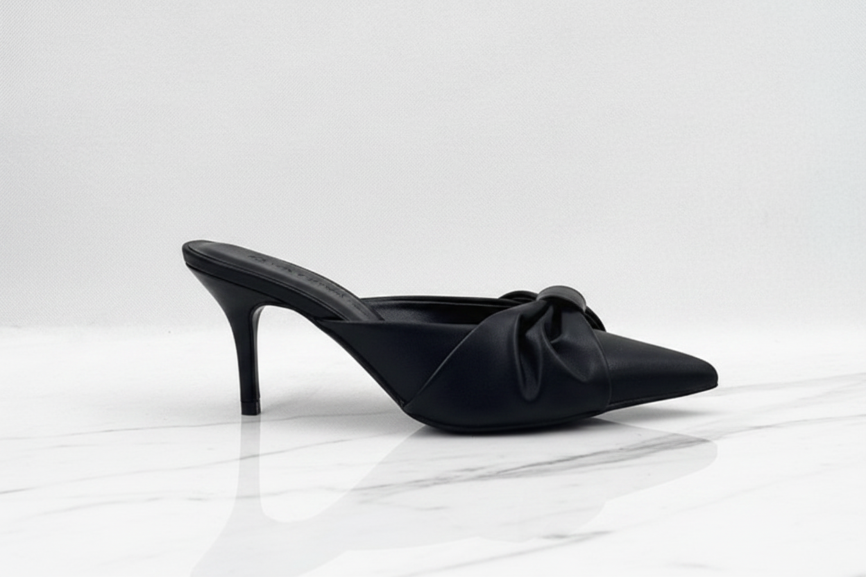 Black Satin Bow Slip-On Mule Heels | Pointed Toe Stiletto