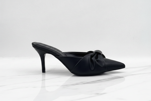 Black Satin Bow Slip-On Mule Heels | Pointed Toe Stiletto