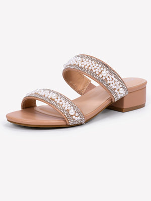 DDK Jonie Bead Embellished Double Band Low Block Heel Slip-On Sandals