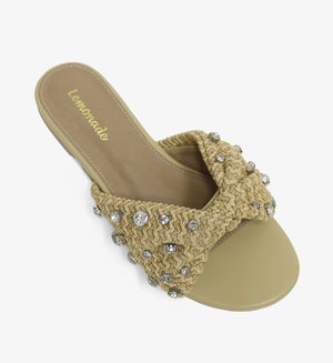 Women's Mayleen Nude Rhinestone Raffia Flat Sandals - Slip-On Summer Sandals