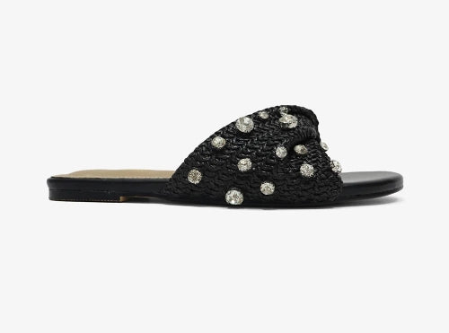 Women's Mayleen Black Rhinestone Raffia Flat Sandals - Slip-On Summer Sandals
