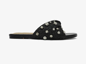 Women's Mayleen Black Rhinestone Raffia Flat Sandals - Slip-On Summer Sandals