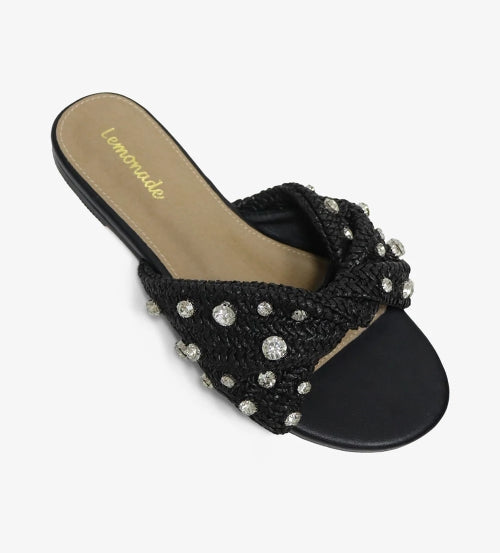 Women's Mayleen Black Rhinestone Raffia Flat Sandals - Slip-On Summer Sandals