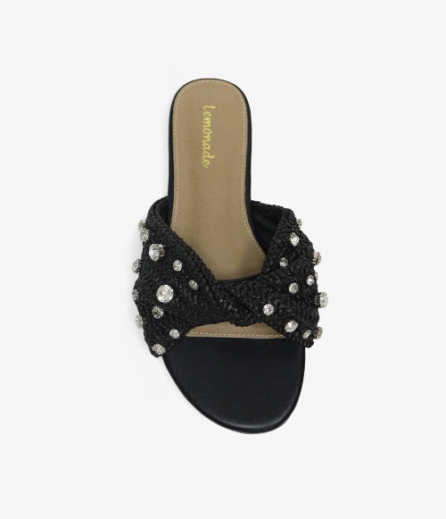 Women's Mayleen Black Rhinestone Raffia Flat Sandals - Slip-On Summer Sandals
