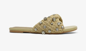Women's Mayleen Nude Rhinestone Raffia Flat Sandals - Slip-On Summer Sandals