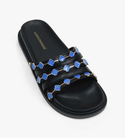 Women's Black Tolu Clover Charm Slide Sandals - Slip-On Flat Sandals