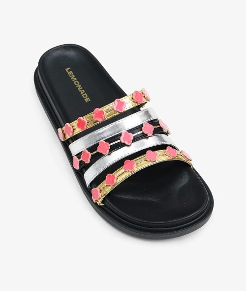 Women's Gold Tolu Clover Charm Slide Sandals - Slip-On Flat Sandals