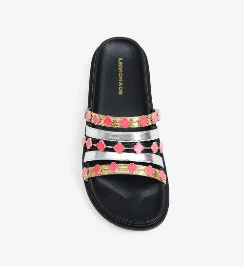 Women's Gold Tolu Clover Charm Slide Sandals - Slip-On Flat Sandals