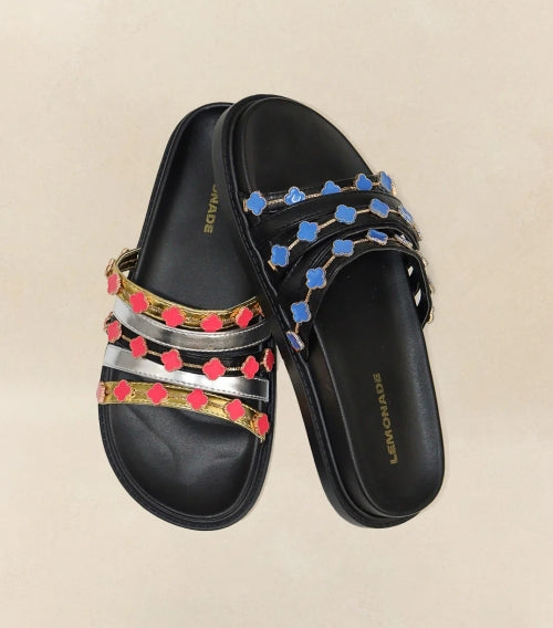 Women's Gold Tolu Clover Charm Slide Sandals - Slip-On Flat Sandals
