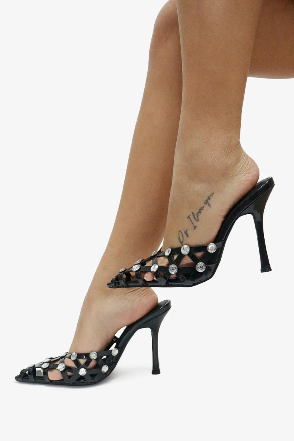 Women's Lemonade Way Ahead Glossy Gem Cage Strap Pointy Toe Stiletto Mules