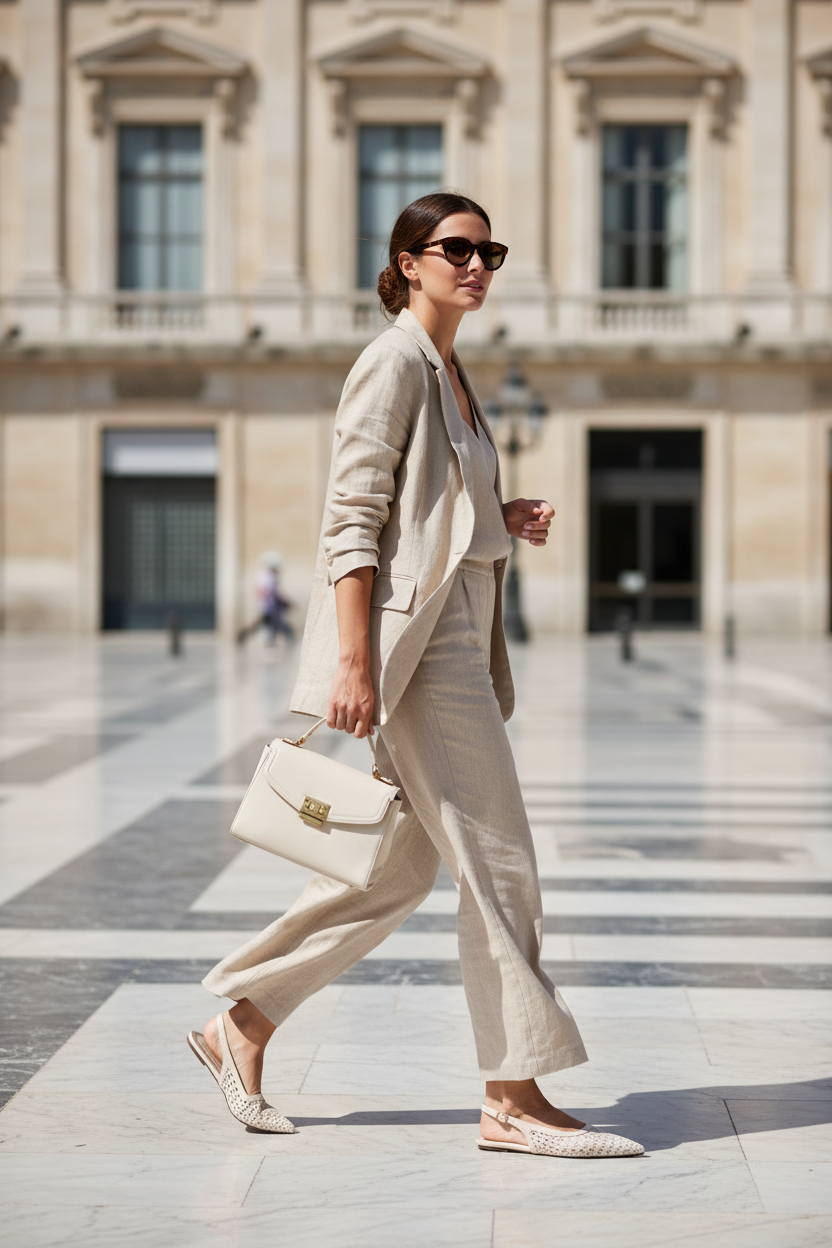 LBeige Woven Slingback Pointed Toe Flat | Gold Buckle | Lattice Weave