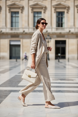 LBeige Woven Slingback Pointed Toe Flat | Gold Buckle | Lattice Weave