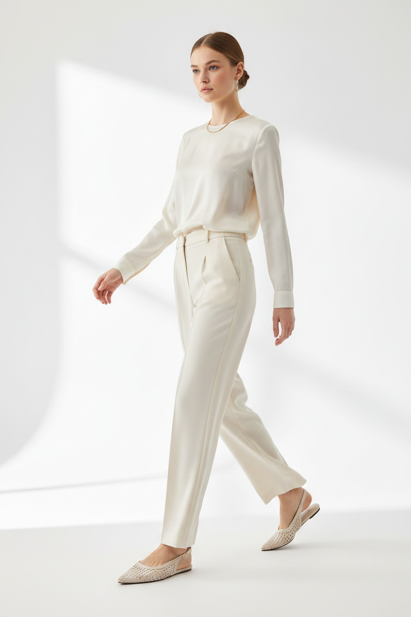 Beige Woven Slingback Pointed Toe Flat | Gold Buckle | Lattice Weave