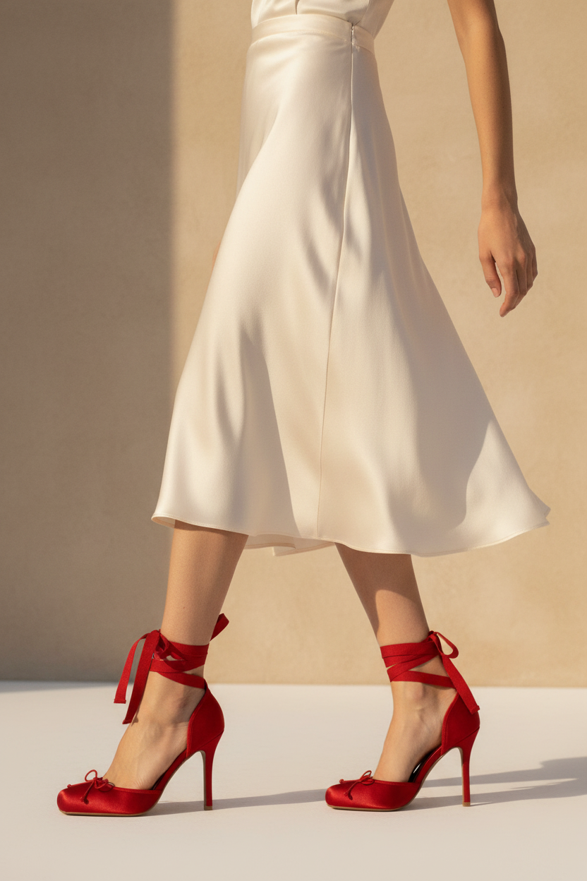 Red Satin Ankle-Tie Stiletto Heels — Women's Ballet-Inspired Platform Pump