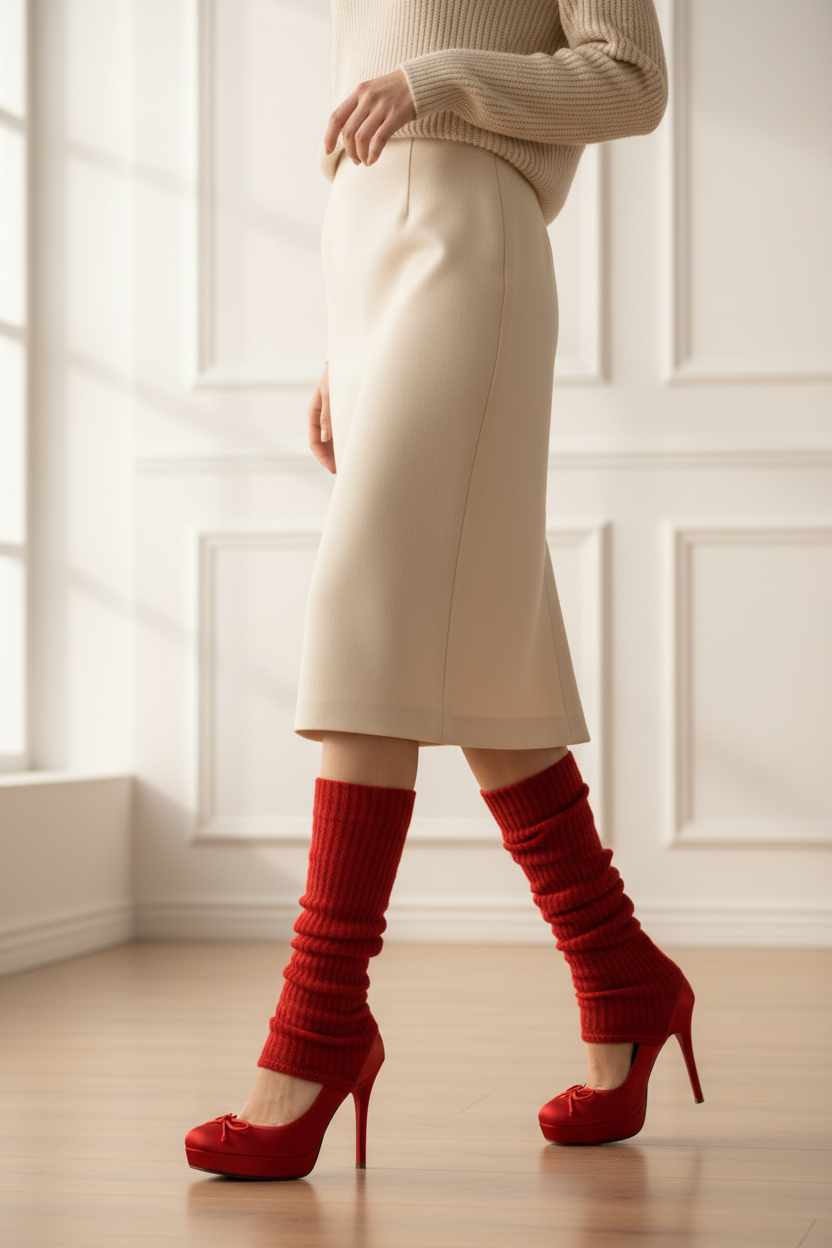 Ruched Sock Stiletto Heels with Open Vamp & Bow Detail | Red