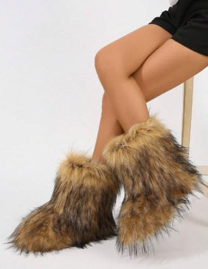 Women's Melanie Brown Shearling Fluffy Fur Mid-Calf Boots - Comfortable Winter Boots