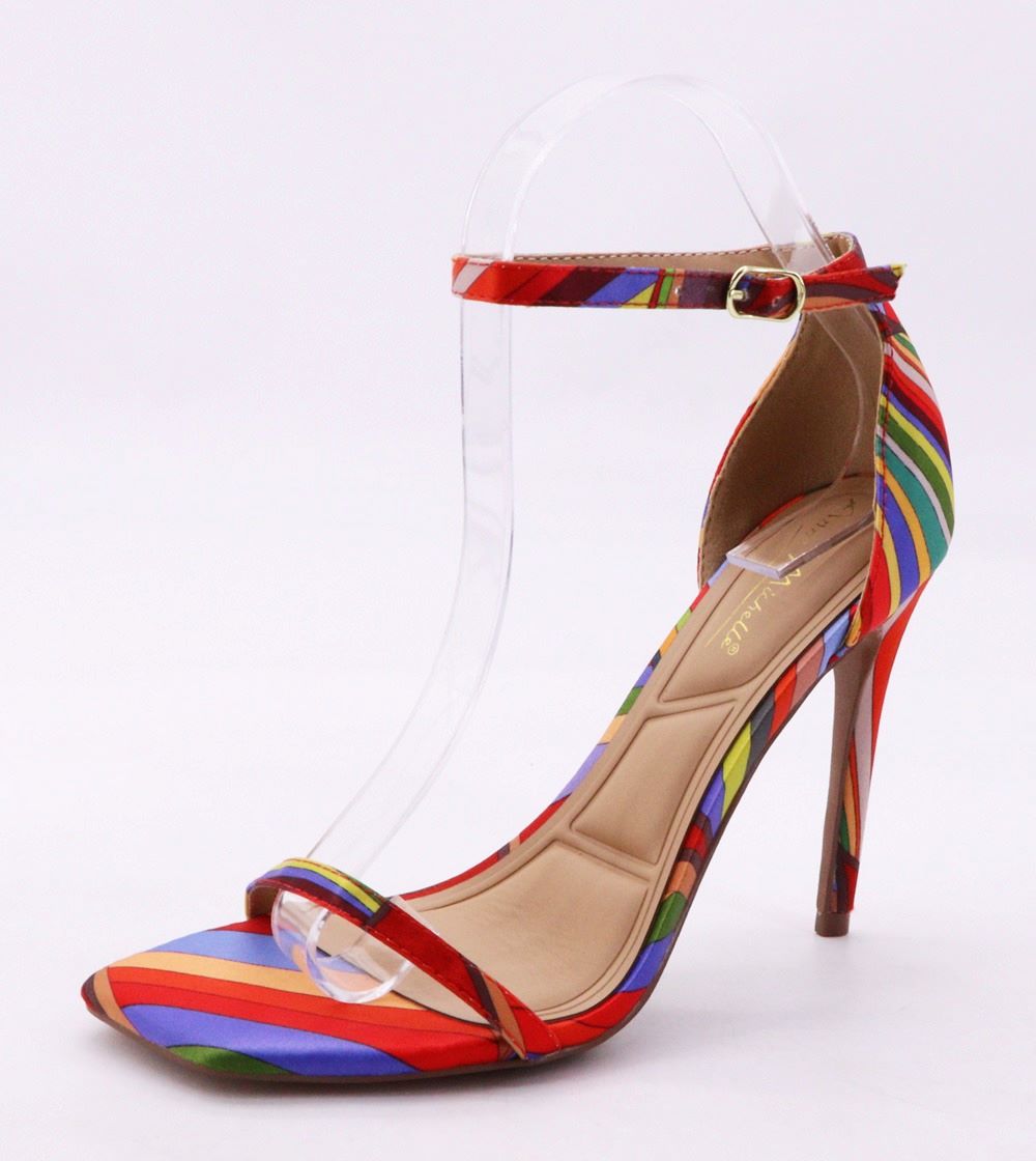 Anne Michelle Neo Red Multicolor Striped Stiletto Sandals – Open Toe Ankle Strap Heels
