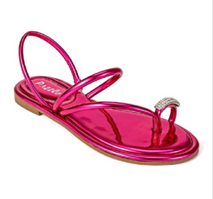 Nora Fuchsia Metallic Crystal Toe Ring Flat Sandals – product shot showing hot fuchsia metallic mirror-finish toe ring sandal with pavé crystal rhinestone embellishment and slingback ankle strap