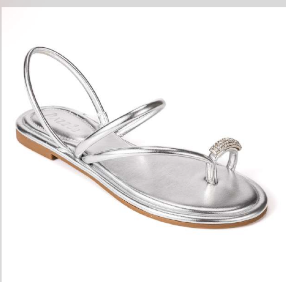 Nora Silver Metallic Crystal Toe Ring Flat Sandals – Jewelled Slingback Sandals for Women