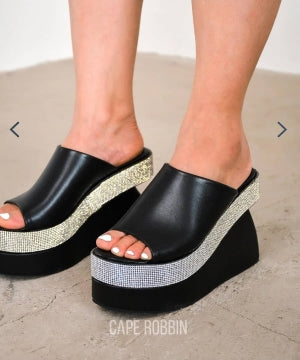 Black Rhinestone Wedge Mules - Open Toe Slip-On Heels