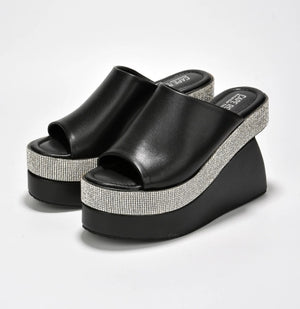 Cape Robbin Odana Black Rhinestone Platform Wedge Mule – Slip-On Open Toe Sandal