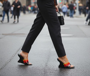 Flame Print Wedge Mule Heels – Bold Patent Leather Slip-On Sandals