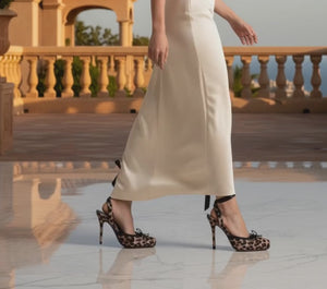 Alondra Leopard Satin Ankle Lace-Up Stiletto Heels with Bow
