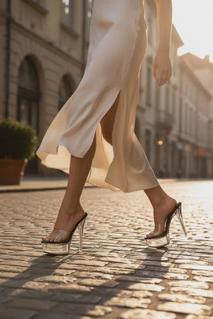Serenity Clear Platform Stiletto Mule Heels Gold | EstelleShoes