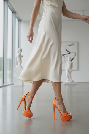 DDK Nina Orange Patent Platform Stiletto Heels — Women's High Heel Ankle Strap Sandals