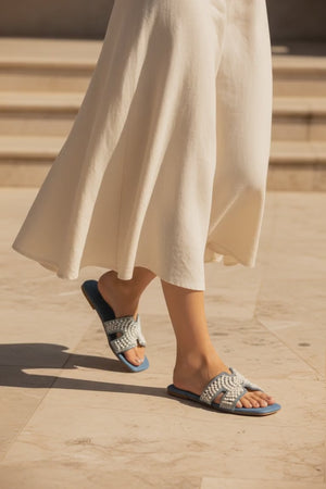 Titus Camila Blue Denim Pearl Flat Sandals – Women's Slip-On Slide Sandals with Pearl Detailing